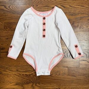 SweetHoney Girls Solid White Pink Long Sleeve Bodysuit Button Placket 3T